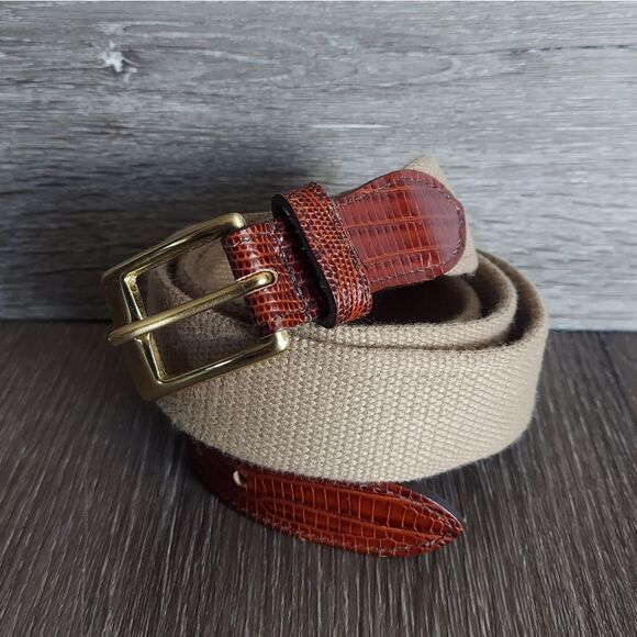 Linen Woven Belt Solid Brass Buckle Size 44 Tan - Picture 1 of 5